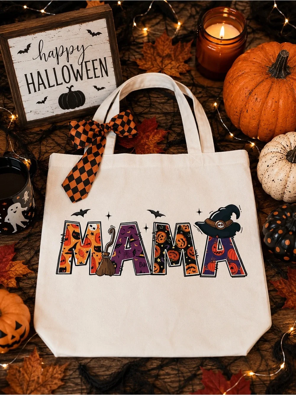 Halloween 'MAMA' Canvas Tote Bag - White with Orange & Purple Graphics